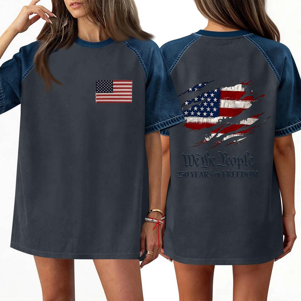 Denim Patchwork Shirts For Women Stand Collar Casual Blouse Short Sleeve Comfy Tshirt Spring Summer Fashion
