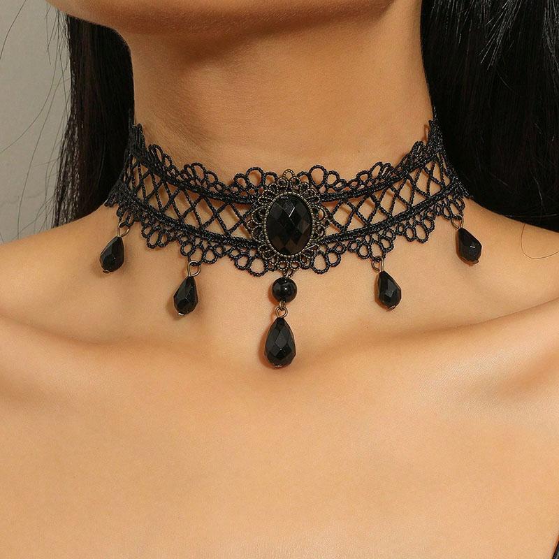 Gothic Black Lace Necklace Women s Victorian Zircon Tassel Sexy Lace Necklace Black Loli Style Holiday Party Girls Jewelry