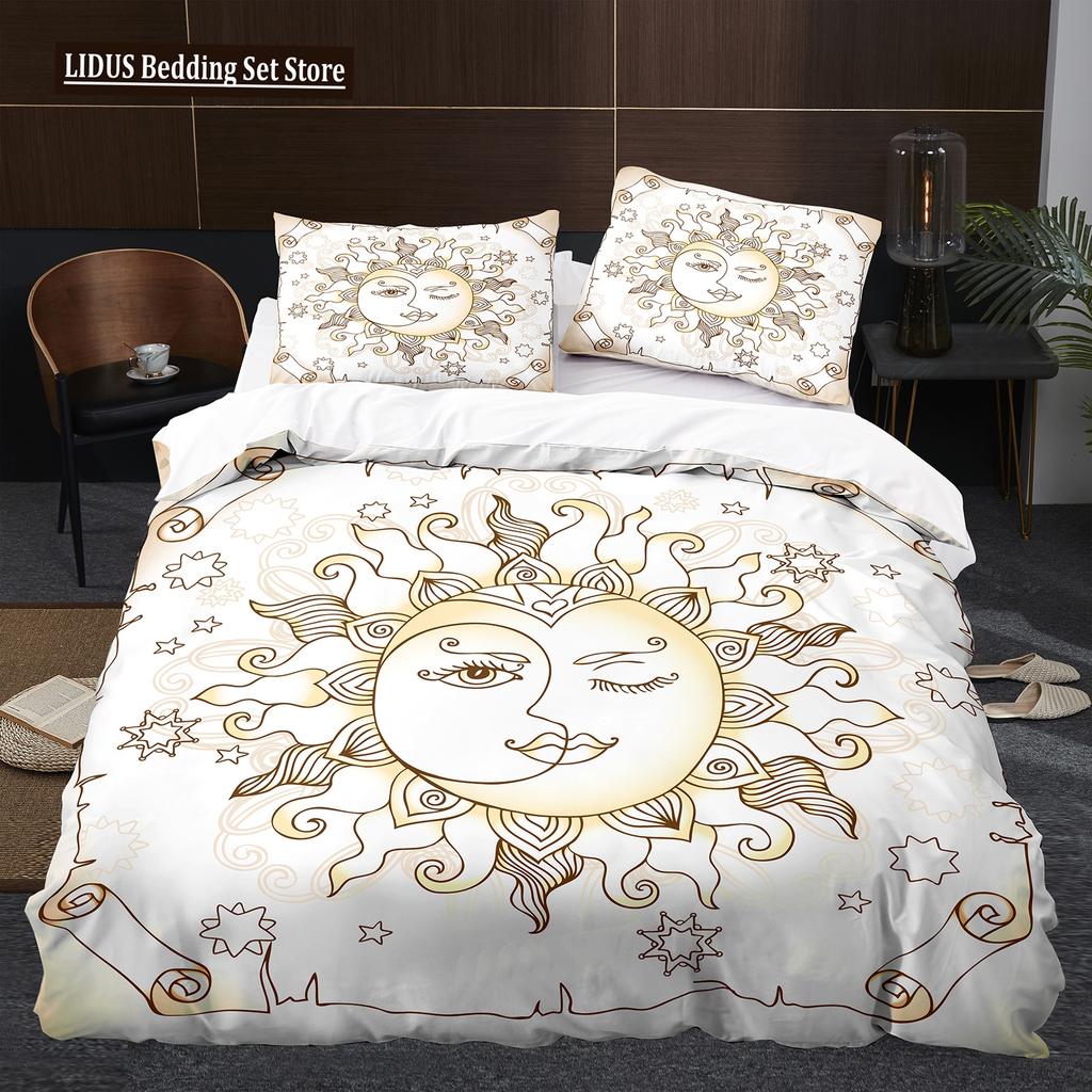 Antik Güneş Ay Nevresim Takımı King Queen Boyutu Mor Leylak Rengi Renkli Galaksi Psikedelik Boho Mandala Polyester Yatak Takımı