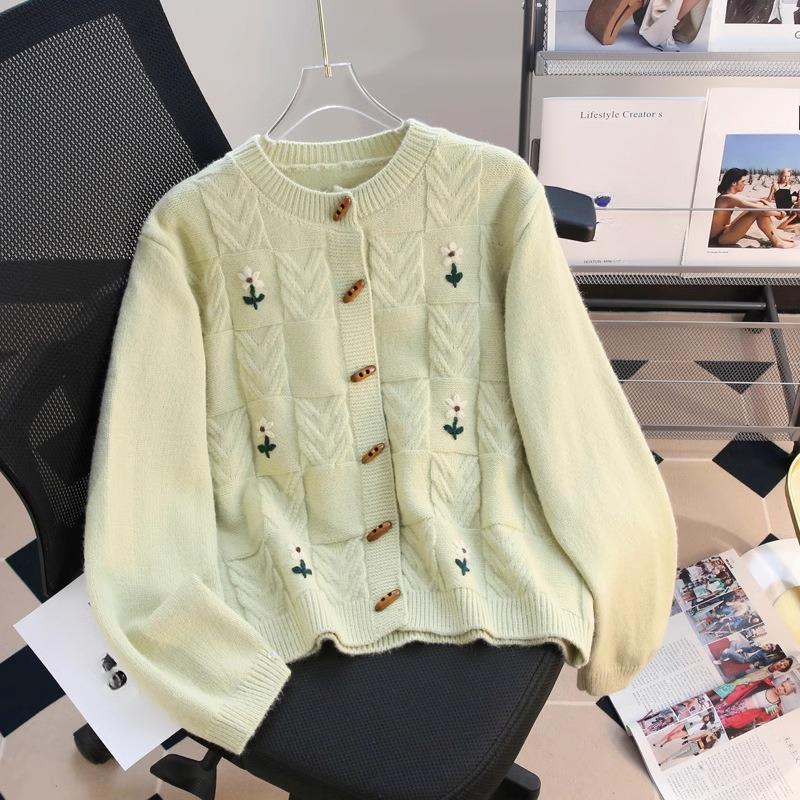 

Red Women s Retro Knitted Cardigan Cow Horn Button Embroidery Short Sweater Round Neck Single Breasted Chic Ladies Top One size світло-зелений колір