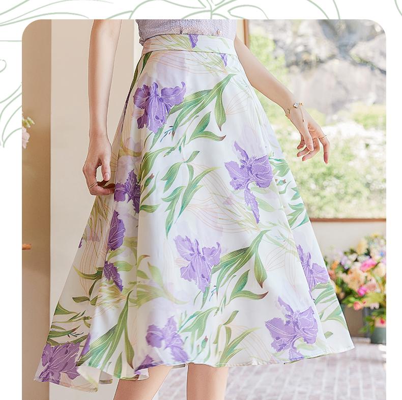 French style fresh and elegant style, purple imitation satin, niche print A-line skirt, slimming half skirt