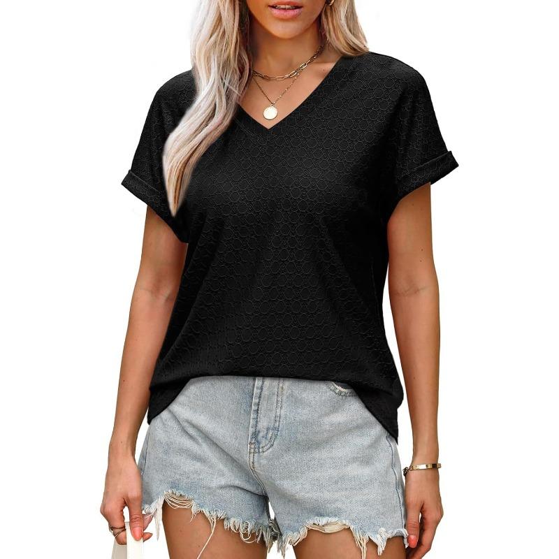 VEZFAA Camicette e camicie con scollo a V a maniche corte con stampa tinta unita primavera estate casual alla moda da donna