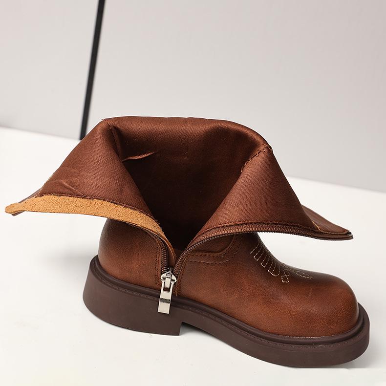 Children's Retro Brown Embroidered Chelsea Boots - Soft Sole Mid-Calf Denim Leather for Girls