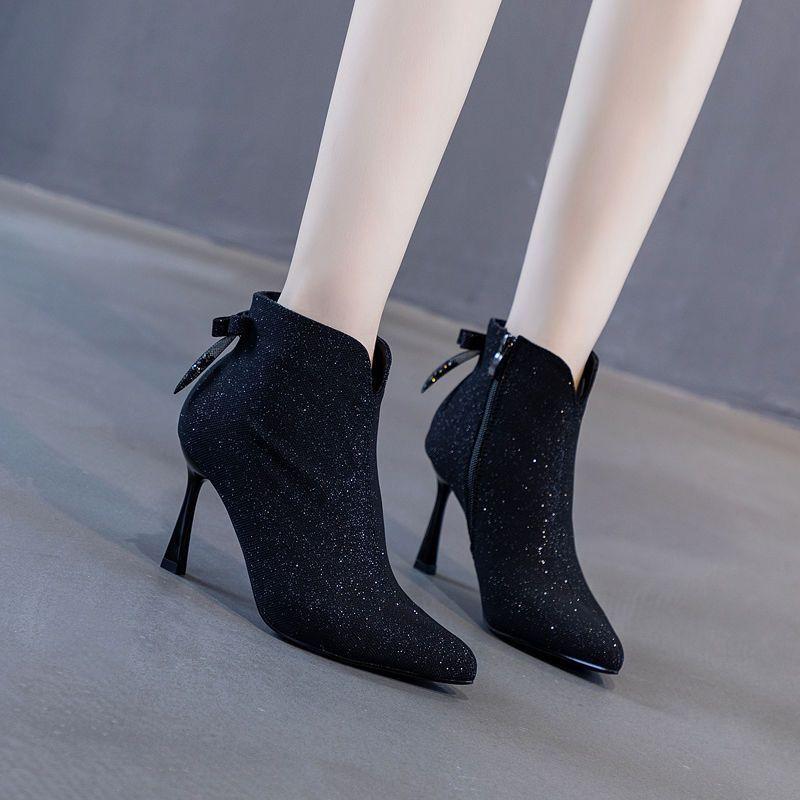 Women's Heeled Ankle Boots with Bow Back Detail,New Stiletto Martin Boots Pointed Toe Slimming Boots