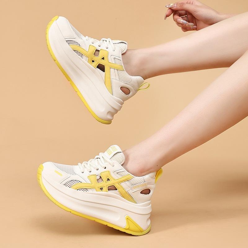 Summer new inner height cutout casual platform student shoes, lace-up color-blocking mesh shoes, small single shoes, women's shoes