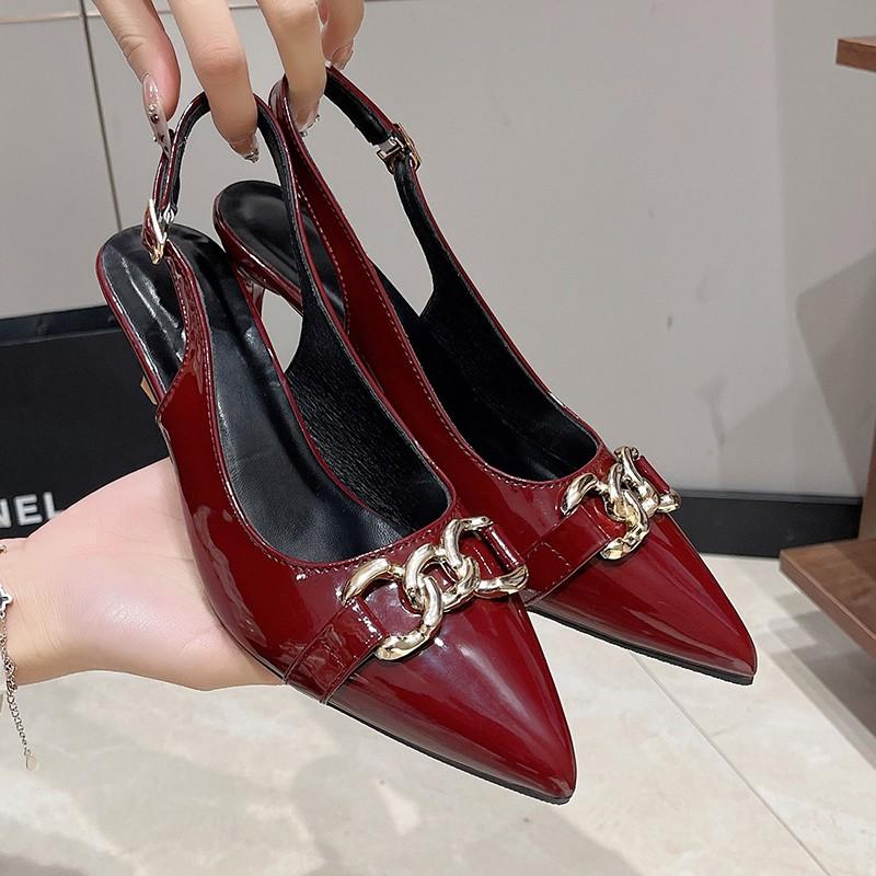 Fashion Women's Top Thin Heel Sandals Spring New Pointed Head Shallow Mouth Metal Chain Anti-slip Wear-resistant High Heels