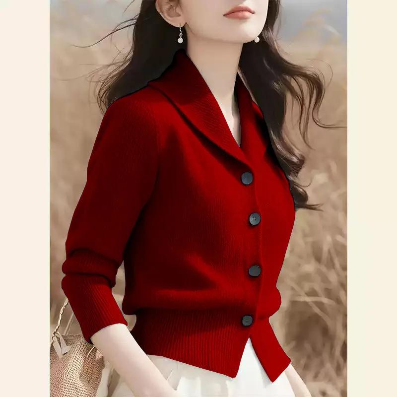 Damen Frühling und Herbst Umlegekragen Strickjacke Damen Koreanische Version Elegante Strickoberteile