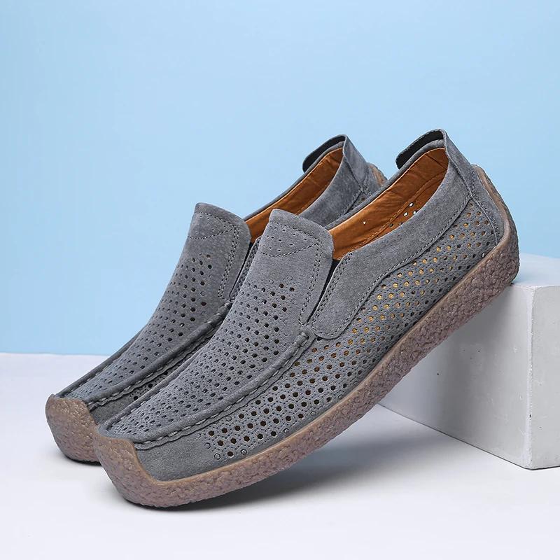 Fashion Outdoor Square Headed Men's Casual Shoes Man Walking Shoes Leather Men Punching Loafers Handmade Flats Slip-On Mens Mocasines