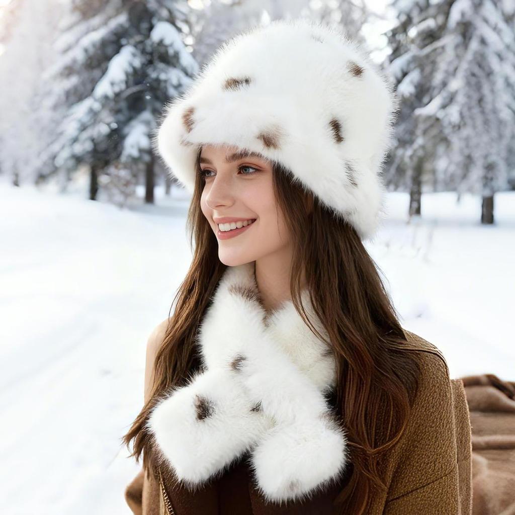 Women's Faux Mink Fur Bucket Hat Scarf Set, Classic Leopard Print Vegan Faux Fur Warm Set, Faux Fur Hat and Scarf For Winter
