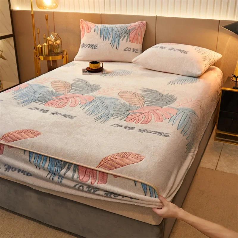 

Velvet Flannel Fitted Sheet 1pcs Bed Linen Elastic Bed Sheets Double Queen King Full Size Mattress Cover Warm and Soft 2Pc pillowcase