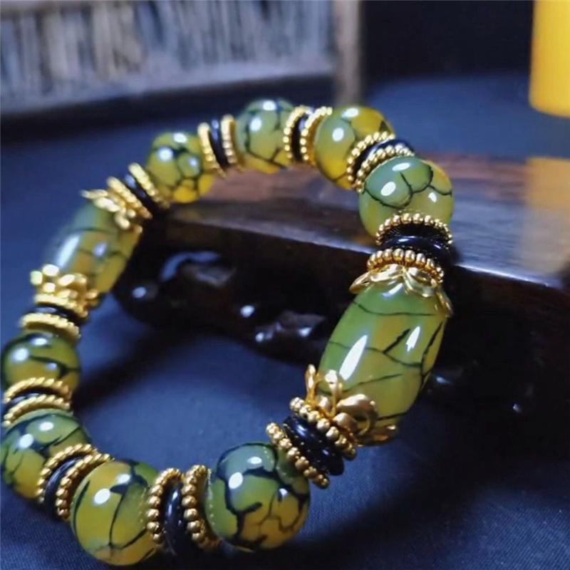 Natural Beautiful Stone Bracelet Green Ice Flower Bracelet Retro Tibetan Ethnic Style Bracelet Precious Jewelry