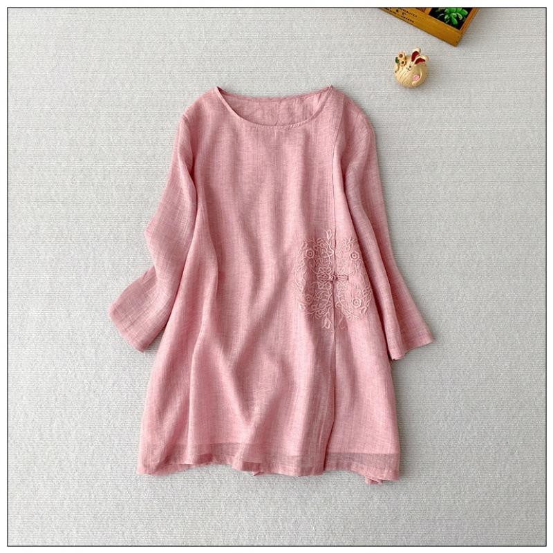 Elegant New Chinese Style Women s Lightweight Double-Layered Nine-Sleeve Mid-Length Pullover Shirt XXL розовый