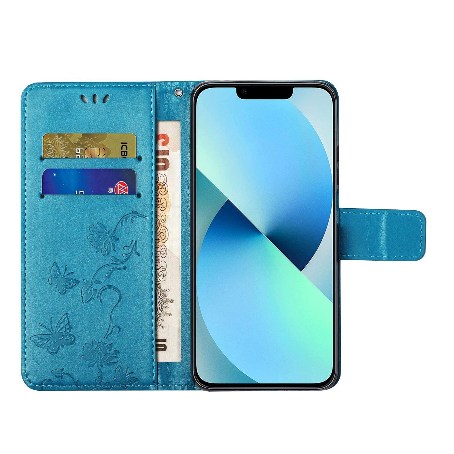 

For iPhone 14 6.1 inch Overall Coverage PU Leather Stand Wallet Phone Cover Butterfly Flower Imprinted Phone Case with Strap Blue