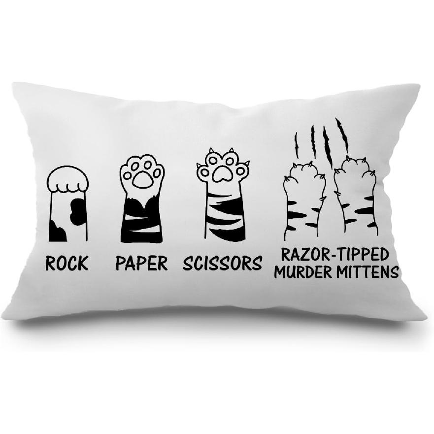JINYO Cat Paws Pillow Covers, 12x20 inch, Cat Lover Gifts & Decor, Rock Paper Scissors Pattern, Soft Flannel, Modern Style, 1 Pack
