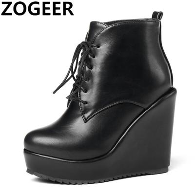 Autumn Wedges Boots Women Platform Fashion Lace-up Women's Short Boot High Heels Sexy Black Height Increasing Party Shoes Ladies