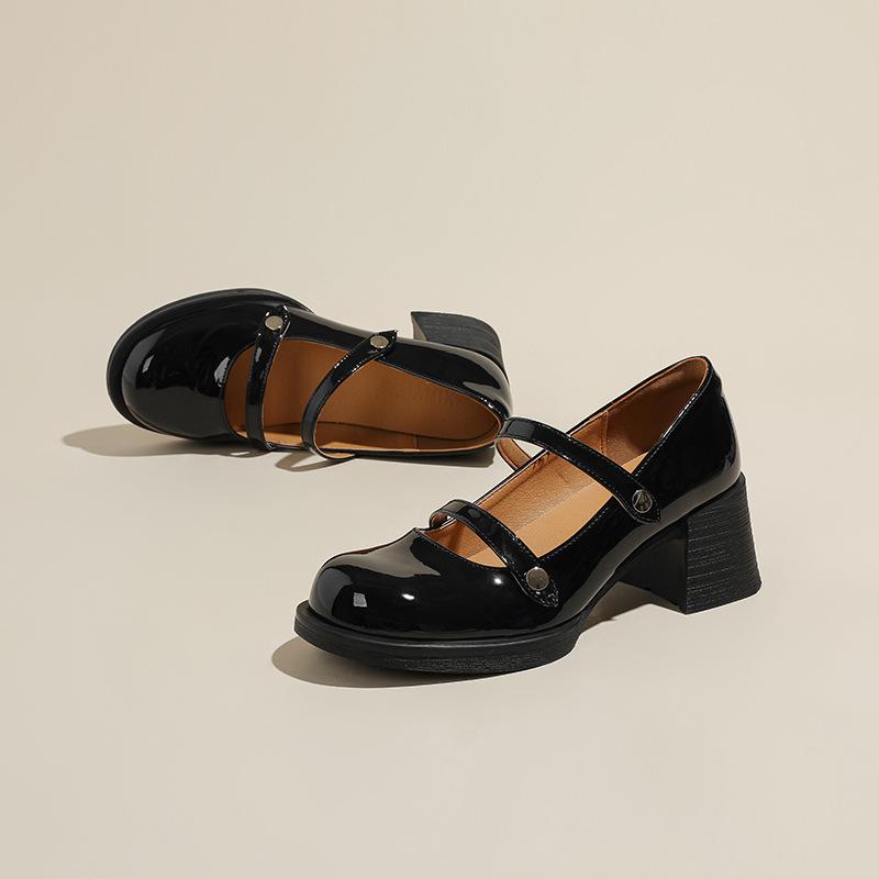 

White French Mary Jane small leather shoes women s spring and summer new round head with skirt word with retro thick heel single shoes 40