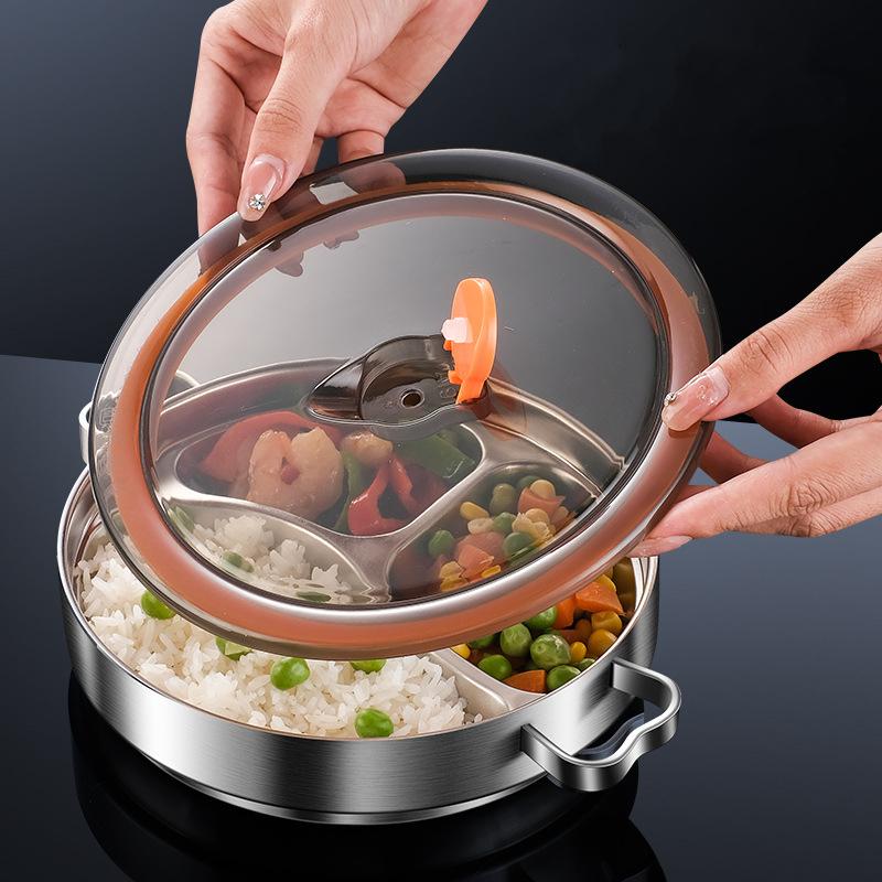 Bandeja de Jantar Dividida em Aço Inoxidável 304 com Tampa Lancheira Recipiente Prato de Comida para Refeitório Escolar 3 Compartimentos Bandeja Bento Talheres