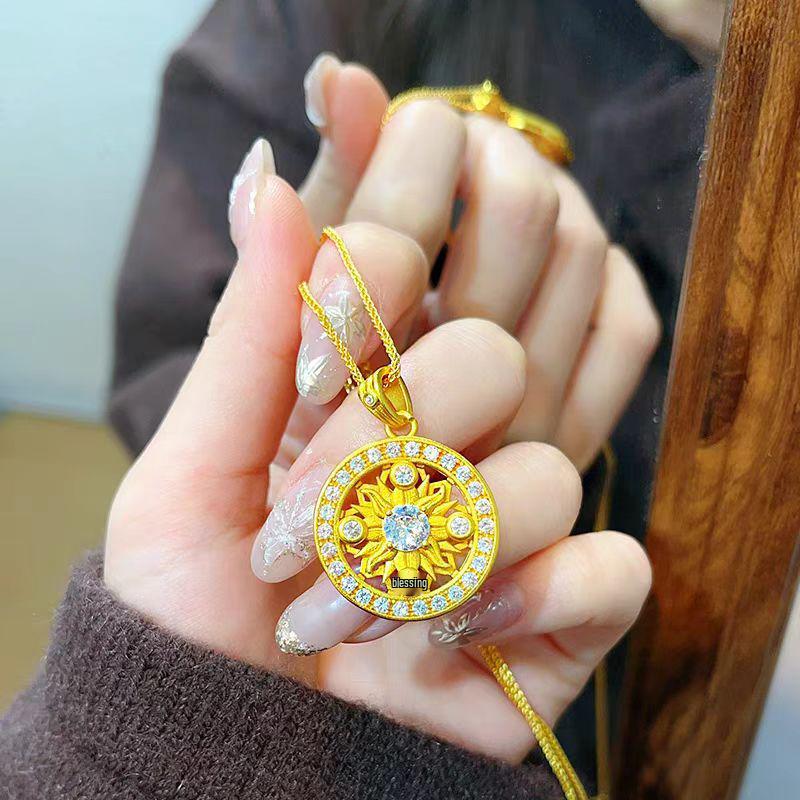 Gold Sunflower Totem Pendant Necklace - Full Diamond Round Tag Gift for Girlfriend