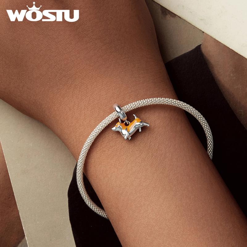 WOSTU 925 Sterling Silver Dog Charms Yellow Corgi Pendant Pink Pet Paw Dachshunds Shih Tzu Dog Dalmatian Bead Fit DIY Bracelet2