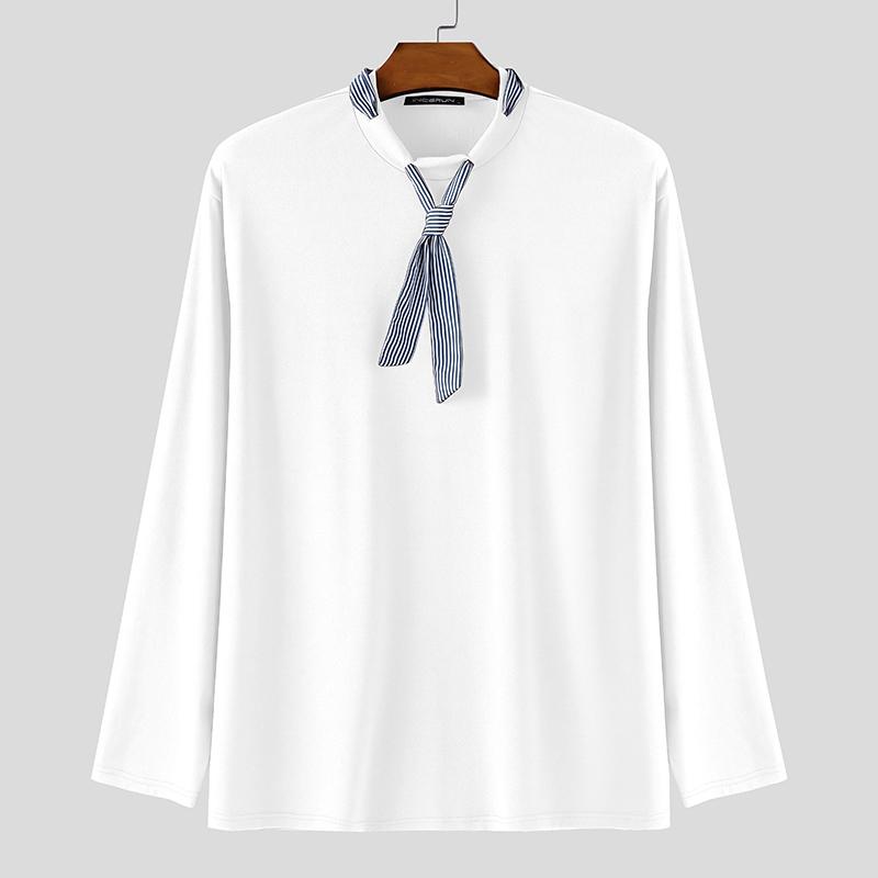 INCERUN Spring Men Striped Tie Long Sleeve Casual Loose Pullover T-shirts Tops