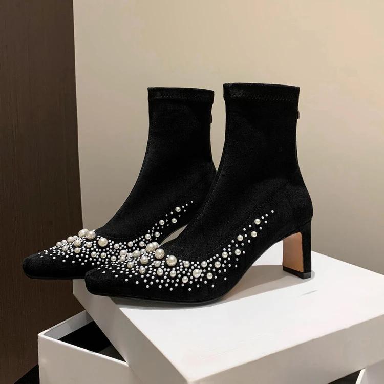 Fashion New Cowhide/suede 6.5cm High Heel Elastic Slimming Boots Autumn Winter Women Pearl/Rivet Style Fashion Ankle Boots Size 34-42