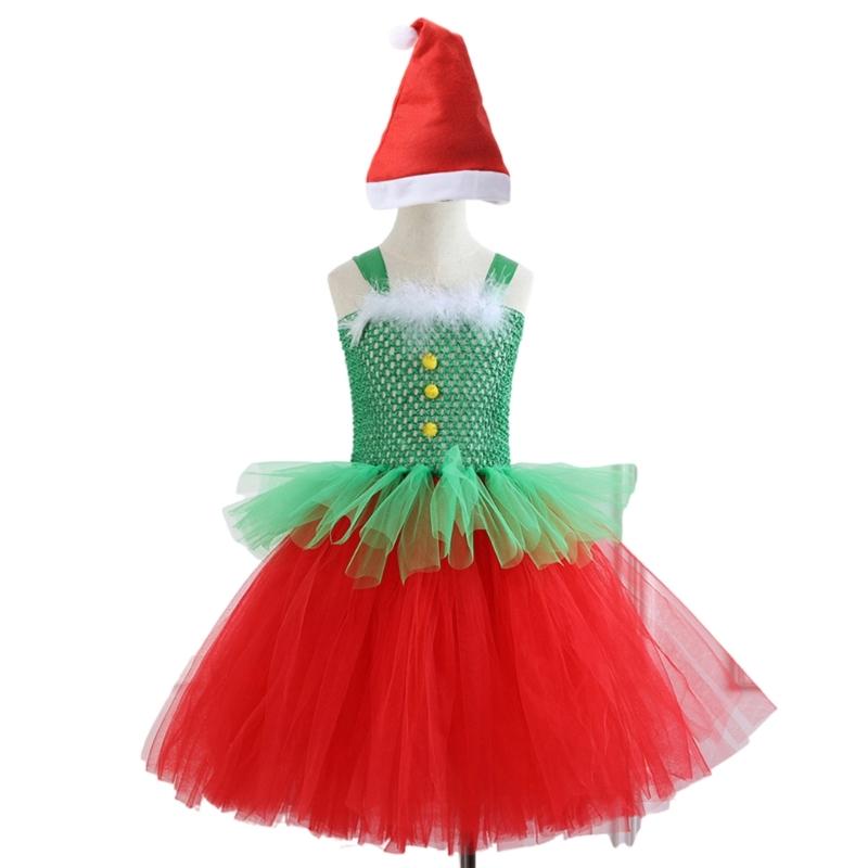 Kinder Weihnachten Elf Kostüm Zubehör für Mädchen 2-12 Weihnachten Geburtstag Fotografie Enthält Kleid und Weihnachtsmütze