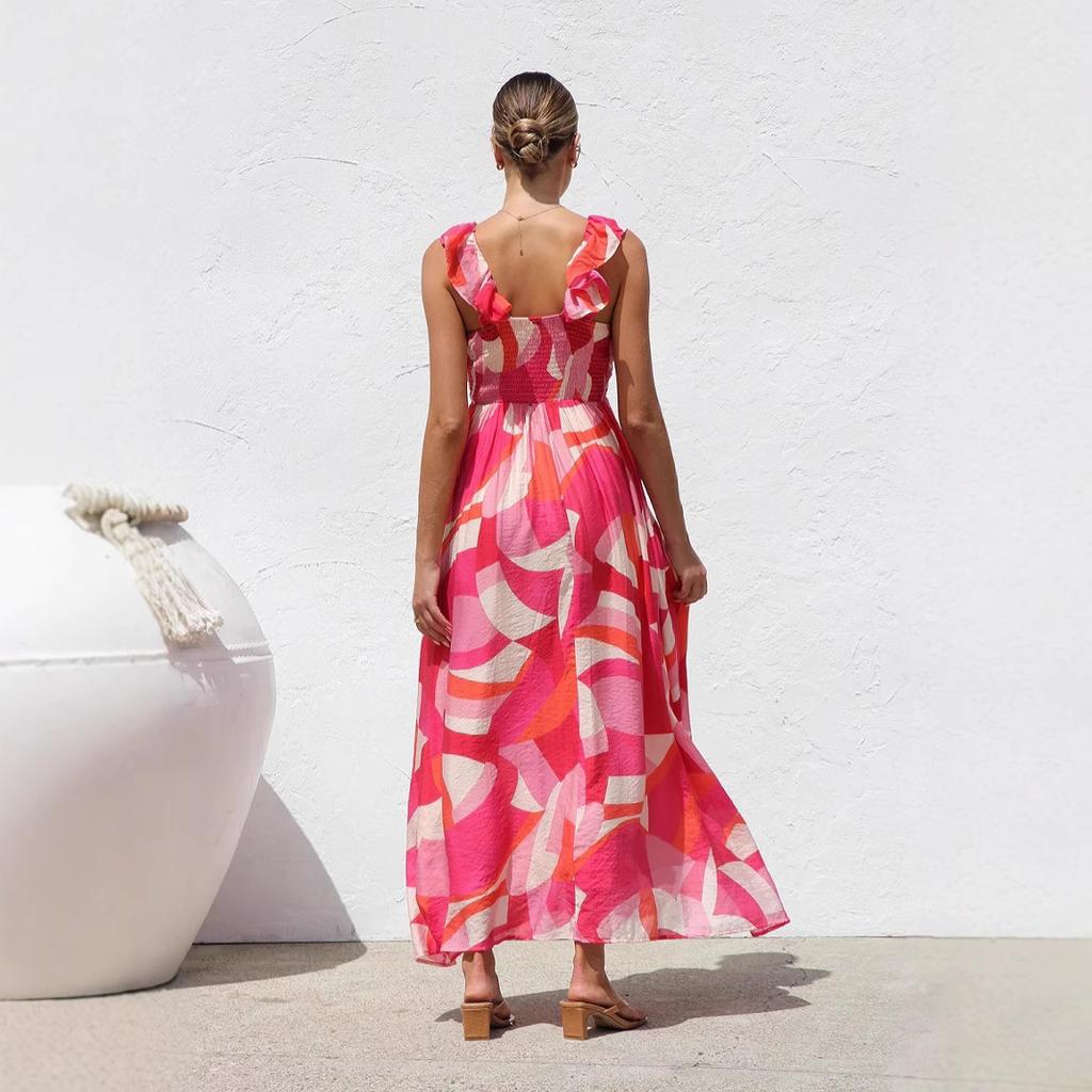 Women's Boho Floral Beach Dress Sleeveless Summer Deep V  Neck Maxi Dress Casual Smocked Flowy A-Line  Sundress Party Long Dresses for Women