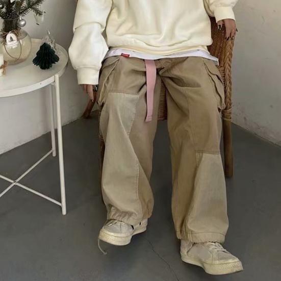 Autumn Cargo Pants Color Block Elastic Waist Drawstring Multi Pockets Patchwork Trousers for Sports