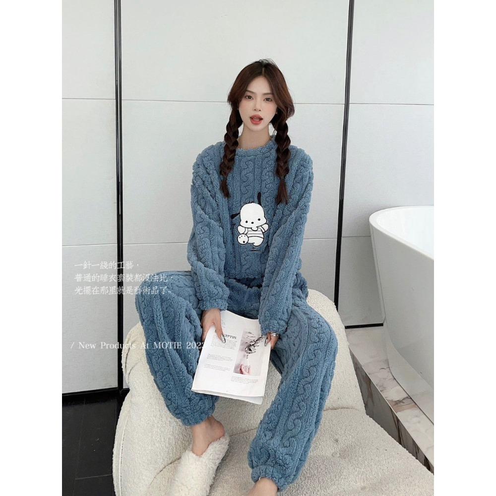 Coral Fleece Jacquard Pajamas Set Women Autumn Winter Fleece Thickened Warm Crew Neck Cable Knit Loungewear Wearable Outside