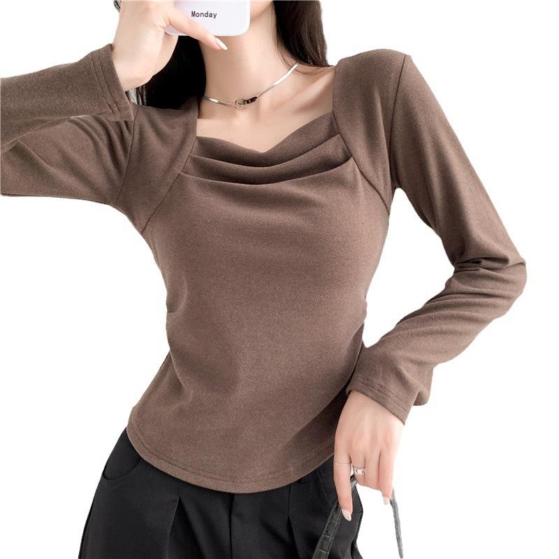 Develvet Thickened Square Collar Inner Bottoming Shirt for Women In Early Autumn New Style Small High-end Long-sleeved Top