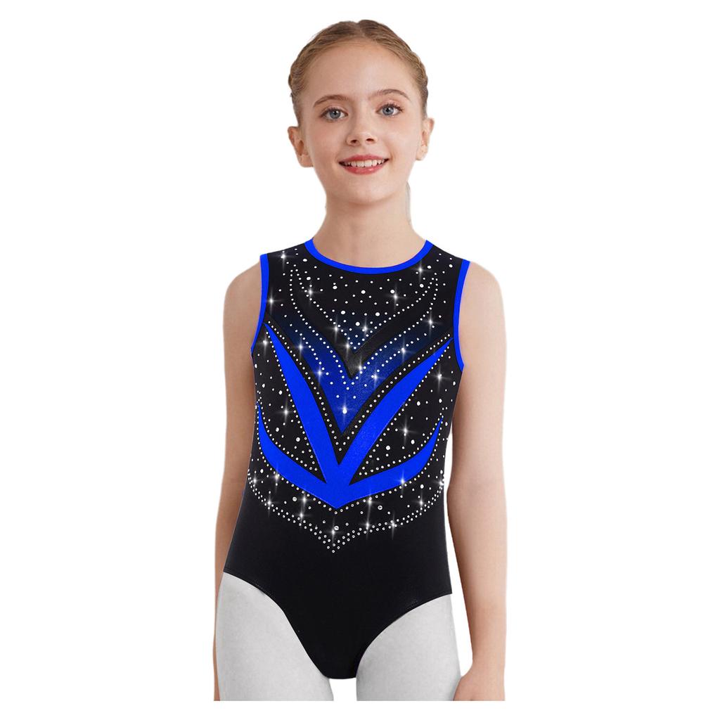 Girls Gymnastics Leotard Sleeveless Crisscross Cutout Back with Mesh Patchwork Shiny Rhinestones Bodysuit