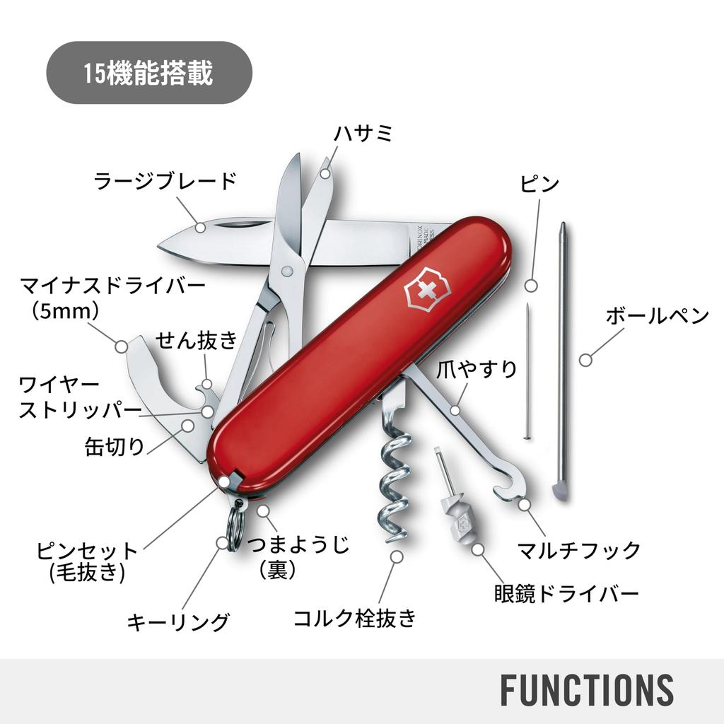 VICTORINOX Compact Red Swiss Army Knife Multifunctional Knife for Camping and Outdoors Wire Bottle Writing Ballpoint Nail File with 15 Functions - -