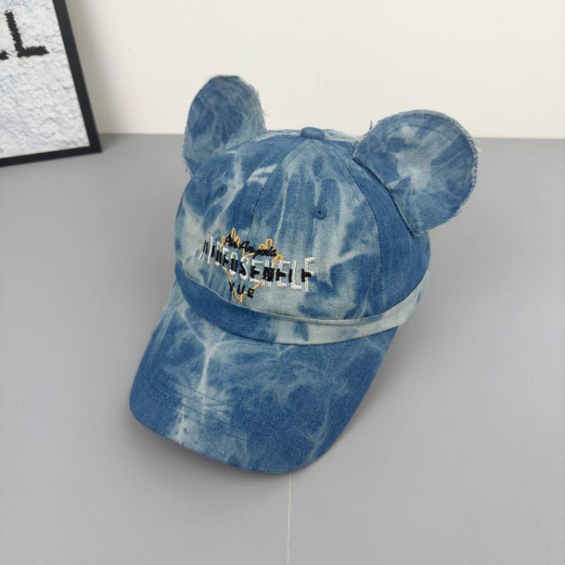 Cute Bear Ears Baseball Cap Unisex Letter Embroidered Washed High Quality Denim Cap (56-59cm) adjustable