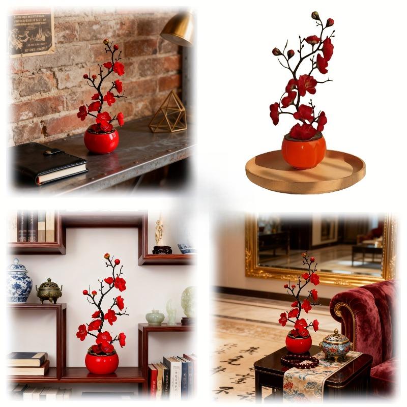 1pc Red Plum Blossom Potted Plant for New Year, Premium Artificial Flower for Wedding, Valentine's & Home Decor