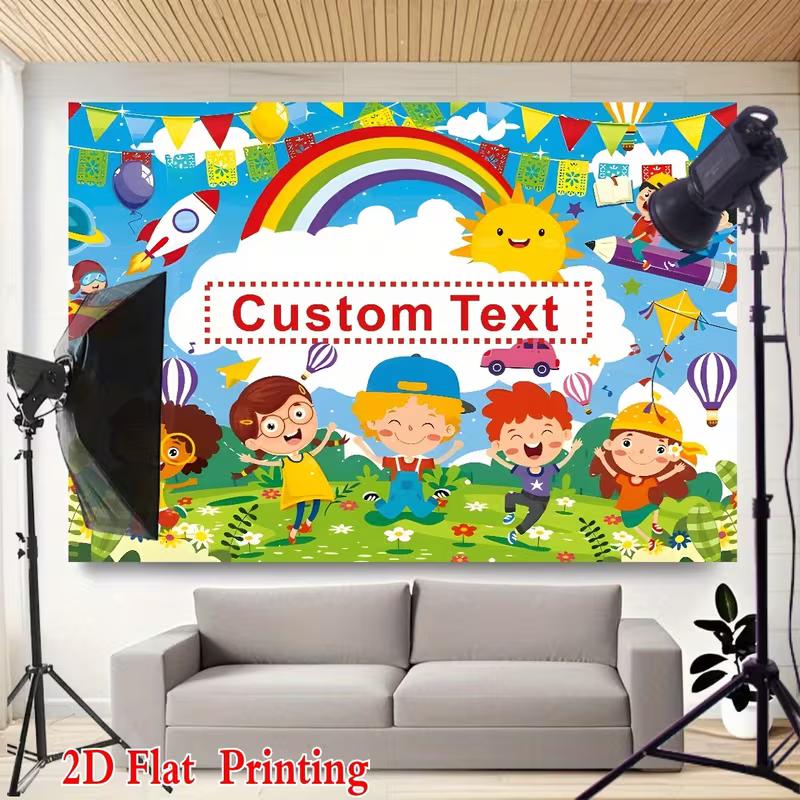 Custom Text Kids Backdrop, Colorful Cartoon Back To School Party Background