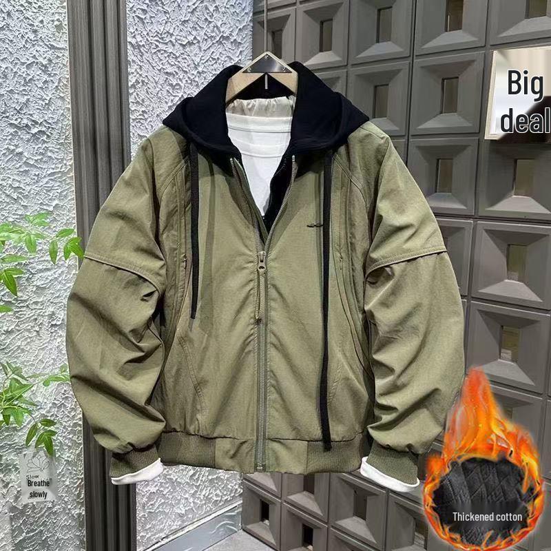 Autumn/Winter Hooded Cotton-Padded Faux Two-Piece Jacket - 2025 Trendy Loose Casual Windbreaker Coat