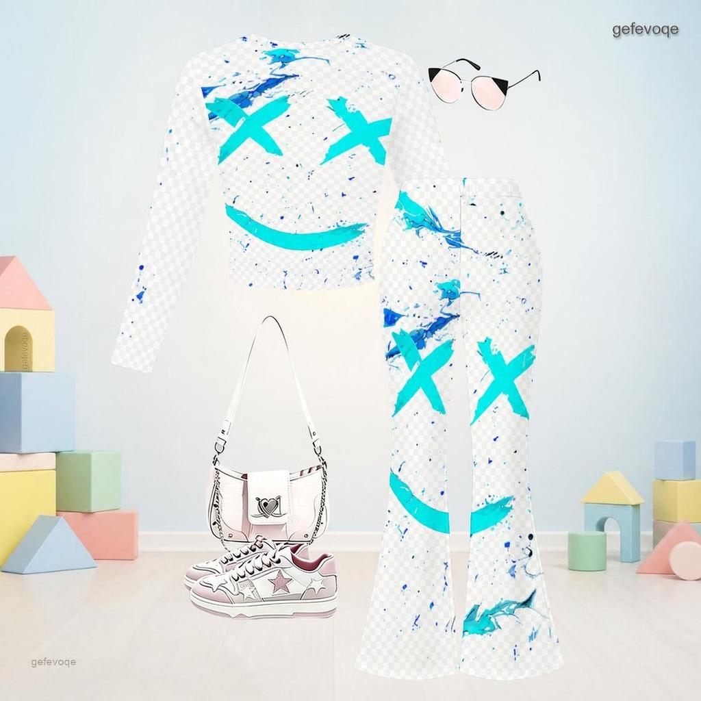 Girls Round Neck Long Sleeve Blue Pink Printed Flared Pants Two Piece Outfit