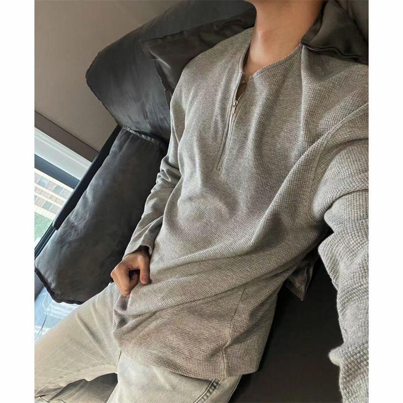 

Retro Henley Half-Zip Waffle Sweatshirt - Solid Color Long Sleeve T-Shirt for Men & Couples (Autumn Style) 3XL 180-200 lbs