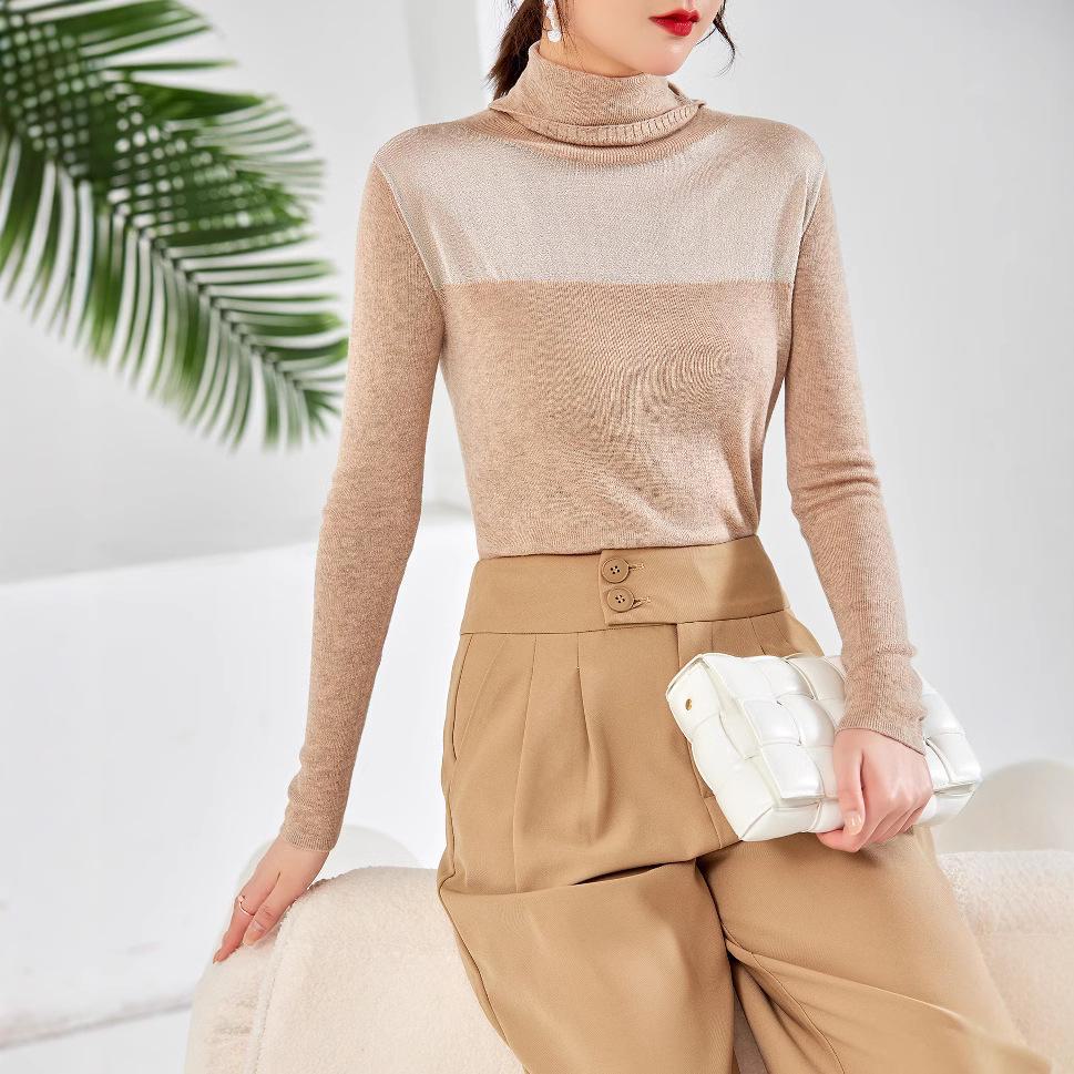 2024 Women's Slim-Fit Transparent Silk Wool Sweater with Half-High Collar and Mesh Accents for Autumn/Winter