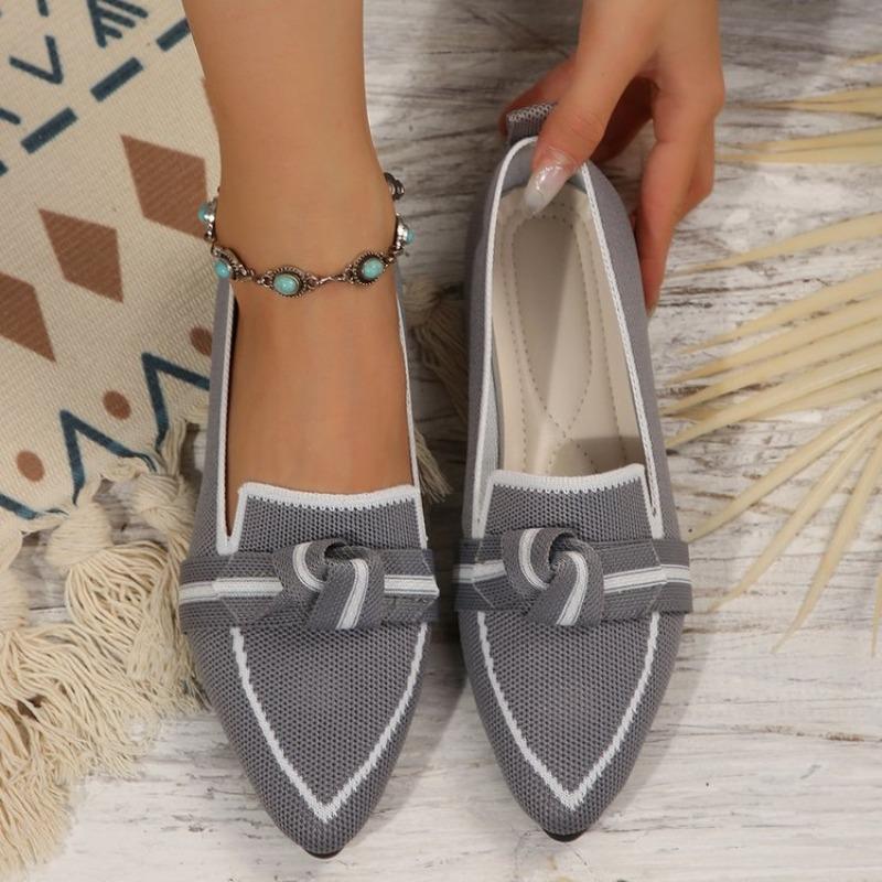 Skinny pointed large size flat single shoes women, fashionable flying weaving one pedal bow casual breathable color matching single