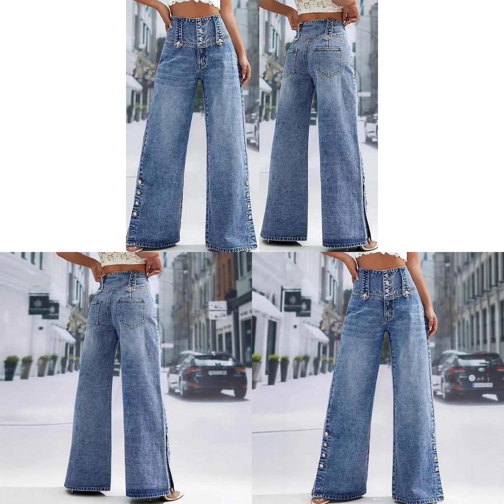 Denim Wide Leg Jeans With Open Slit And Button For Trendy Streetwear Women