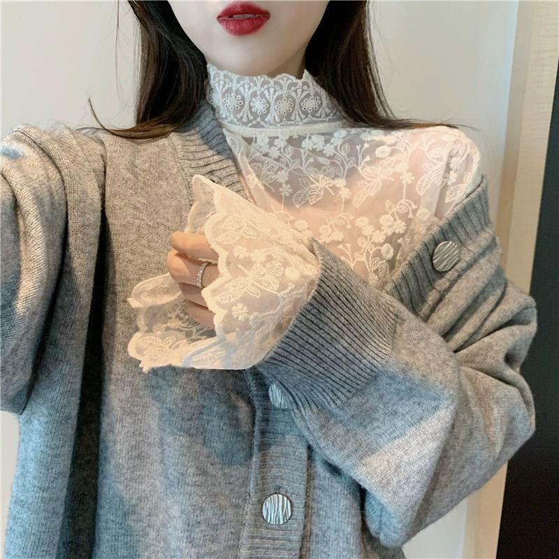 Lace Undershirt Women's Stand-Collar Autumn Winter Sweater Inner Wear Stylish Mesh Flared Sleeve Long-Sleeve Lace Top