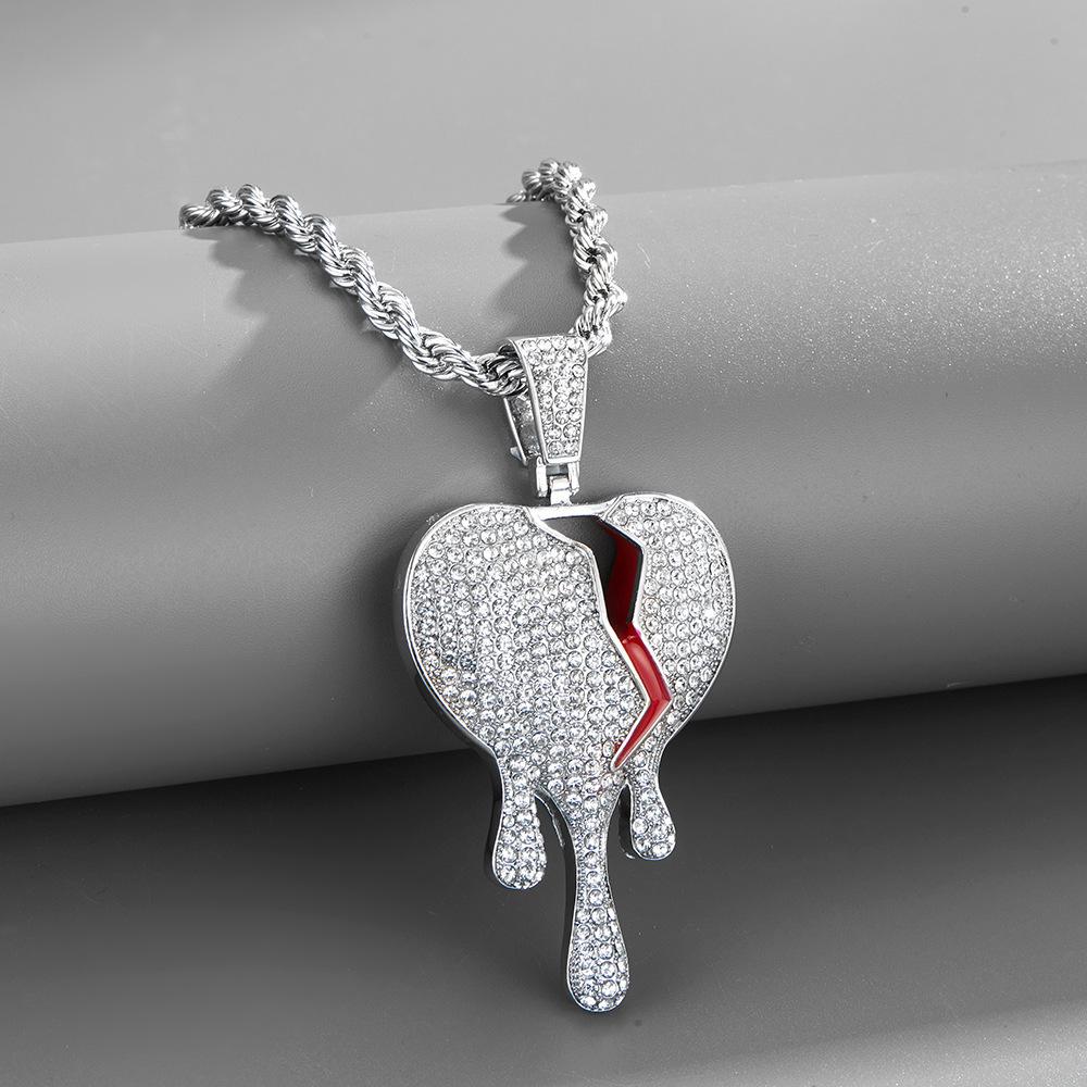 High-Quality European and American Full Diamond Water Drop Broken Heart Couple Necklace