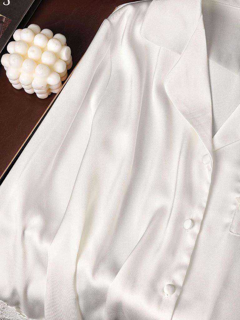 White Moonlight Ice Silk Lace Pajamas: Women's 2025 Long-Sleeved Spring/Autumn Set