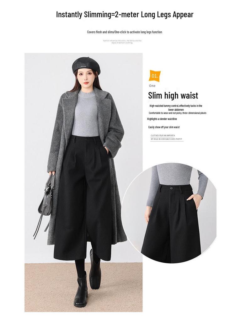 Women's Plus Size Dark Grey Wool-Blend Straight Leg Cropped Pants - Loose, Casual, Petite, Thickened for Spring & Autumn