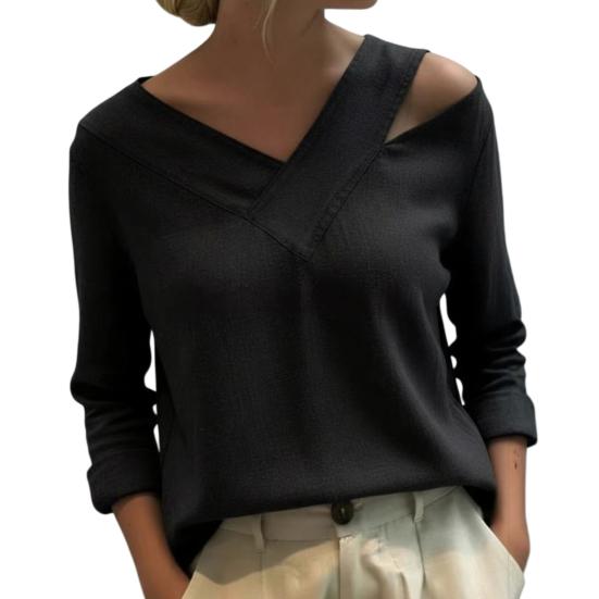

Women T-shirt V-Neck Off Shoulder Long Sleeve Pullover Tops Pure Color Loose Fit Summer Casual Shirt Daily XXXL чёрный