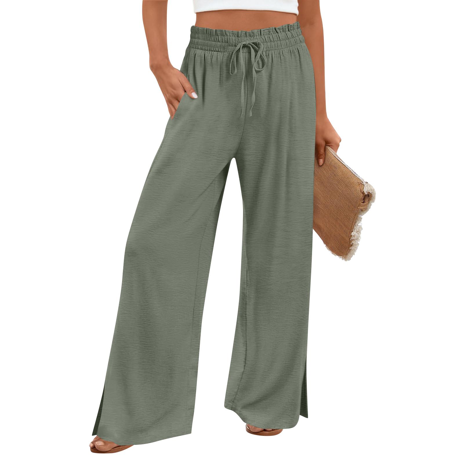 Women s Casual Fashion Cotton-Linen Blend Wide-Leg Pants With Side Pockets L