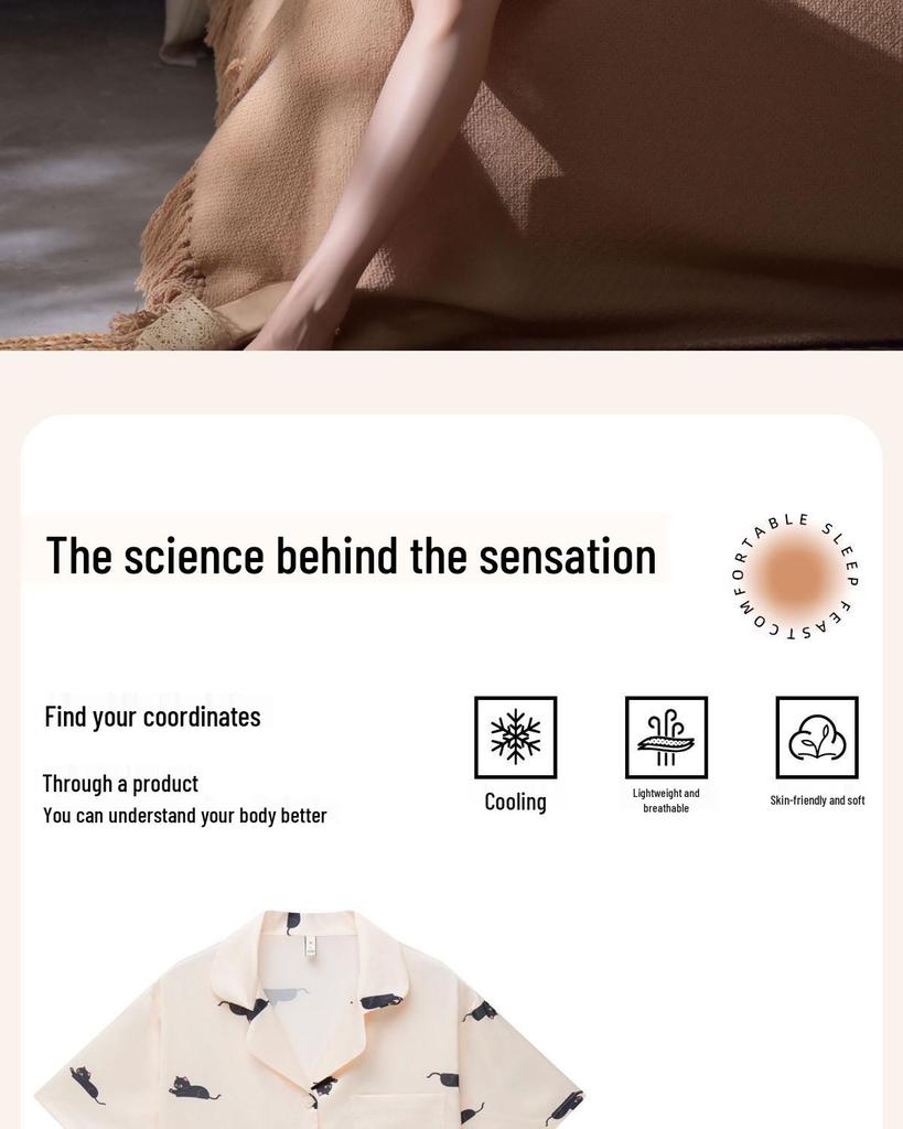 Women's Ice Silk Pajama Set, Short Sleeve Cat Design, Indoor/Outdoor Wear