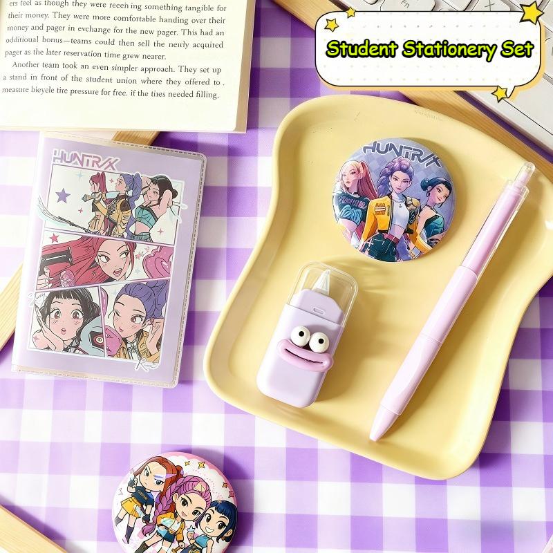 Demon Hunters 4-in-1 Cartoon Kids' Stationery Set, Including Correction Tape, Notebook, Pen and Badge, Ideal Gift for Students