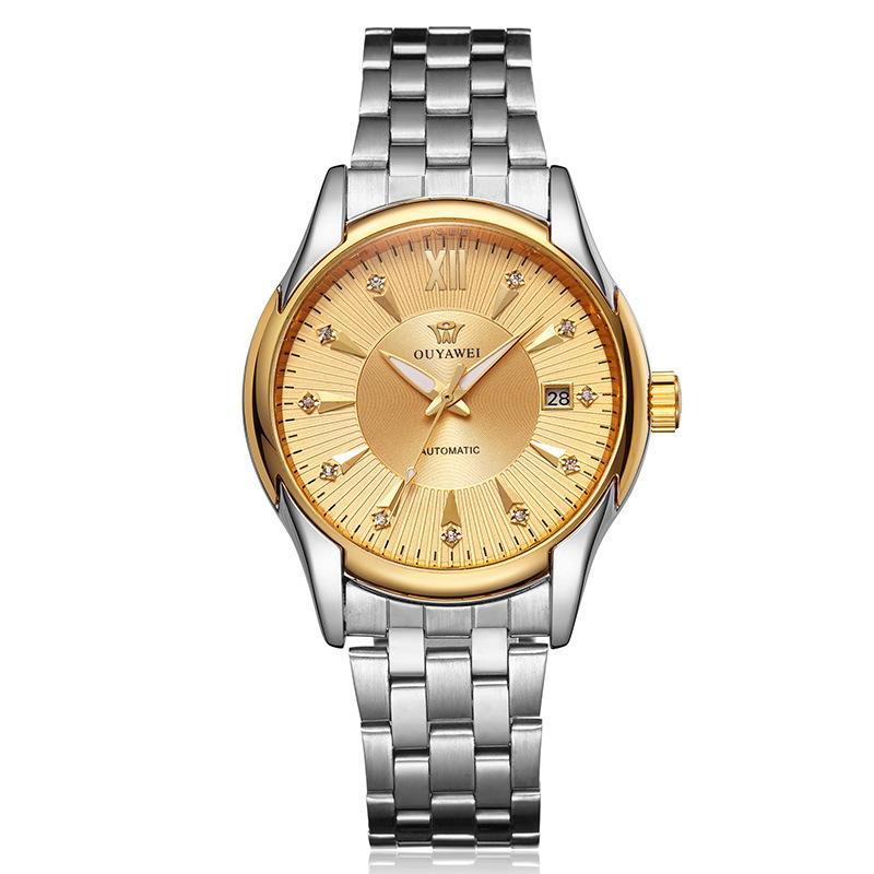 OUYAVEI Herren Automatische Mechanische Uhr Kalender Diamant-Inlay Leuchtend Edelstahl Business Armbanduhr